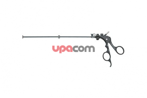 Ножницы СLICKline, поворотные, разборные, изолированные, с соединением для монополярной коагуляции, обе бранши подвижны, ложкообразные бранши, зубчатые, загнутые, размер 5 мм, длина 36 см,по OUNGER-HILDEBRANDT